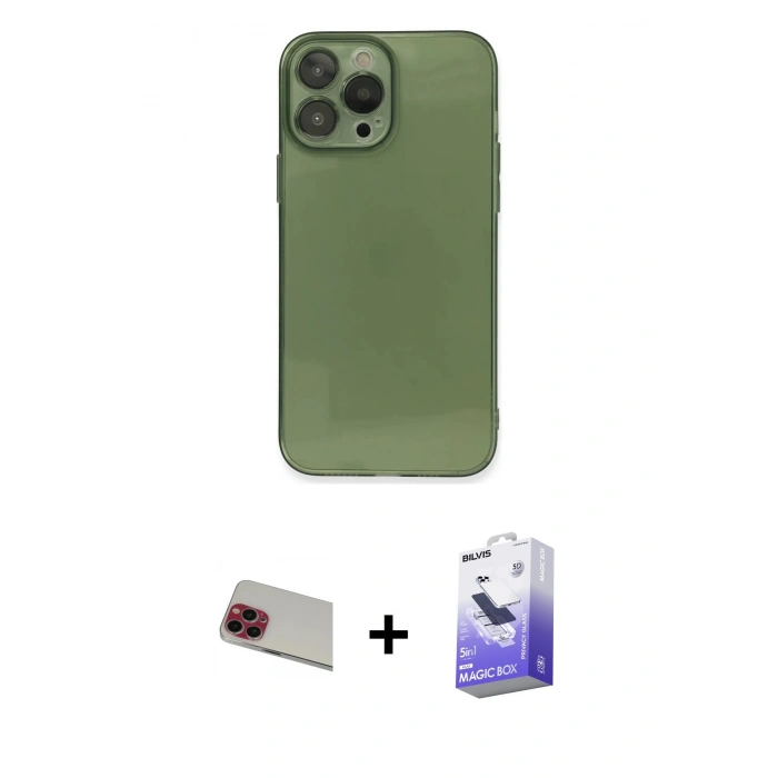 MARSİLYAN™- iPhone 13 Pro Max Kılıf Ahenk Doku - Siyah Bilvis 5in1 5D Magic Hayalet Cam Ekran Koruyucu + Rainbow Kamera Lens Koruma Cam - KI