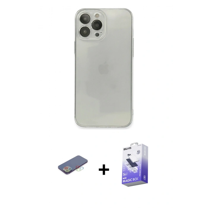 MARSİLYAN™- iPhone 13 Pro Max Kılıf Ahenk Doku - Siyah Bilvis 5in1 5D Magic Hayalet Cam Ekran Koruyucu + Renkli Kamera Lens Koruma Cam - MI