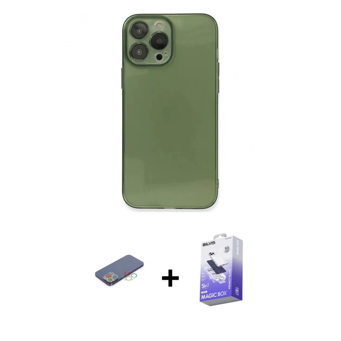 MARSİLYAN™- iPhone 13 Pro Max Kılıf Ahenk Doku - Siyah Bilvis 5in1 5D Magic Hayalet Cam Ekran Koruyucu + Renkli Kamera Lens Koruma Cam - MI