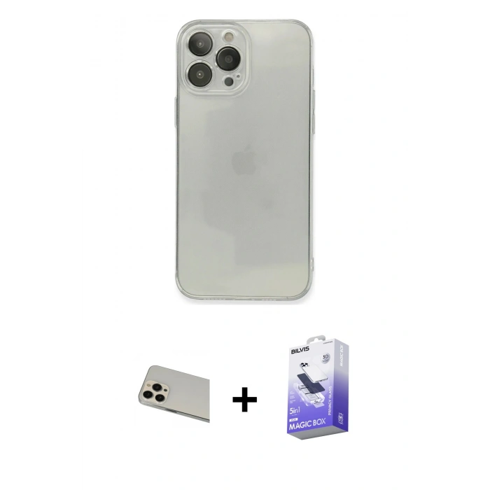 MARSİLYAN™- iPhone 13 Pro Max Kılıf Ahenk Doku - Siyah Bilvis 5in1 5D Magic Hayalet Cam Ekran Koruyucu + Rose Gold Rainbow Kamera Lens Koruma Cam