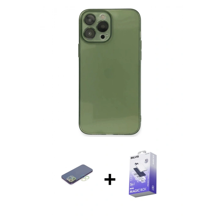 MARSİLYAN™- iPhone 13 Pro Max Kılıf Ahenk Doku - Siyah Bilvis 5in1 5D Magic Hayalet Cam Ekran Koruyucu + Renkli Kamera Lens Koruma Cam - YL