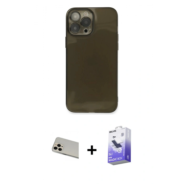 MARSİLYAN™- iPhone 13 Pro Max Kılıf Ahenk Doku - Siyah Bilvis 5in1 5D Magic Hayalet Cam Ekran Koruyucu + Rose Gold Rainbow Kamera Lens Koruma Cam