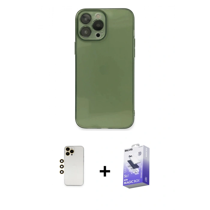 MARSİLYAN™- iPhone 13 Pro Max Kılıf Ahenk Doku - Siyah Bilvis 5in1 5D Magic Hayalet Cam Ekran Koruyucu + Shine Kamera Lens - GD