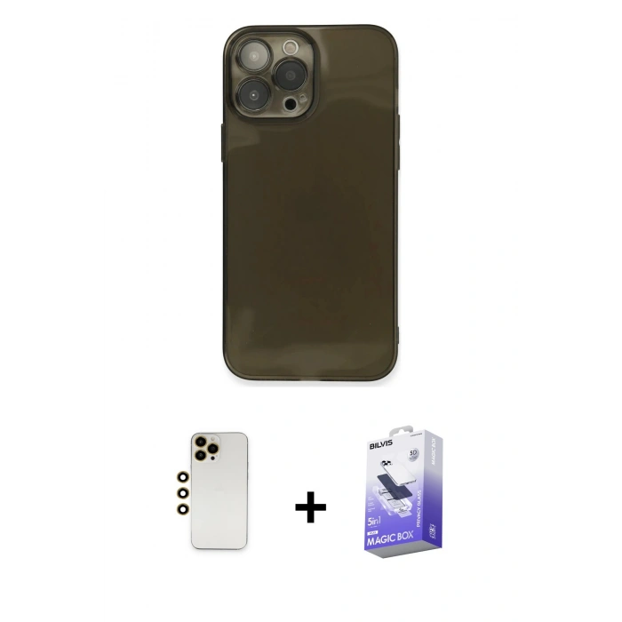 MARSİLYAN™- iPhone 13 Pro Max Kılıf Ahenk Doku - Siyah Bilvis 5in1 5D Magic Hayalet Cam Ekran Koruyucu + Shine Kamera Lens - GD