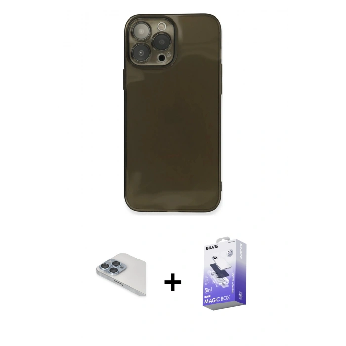 MARSİLYAN™- iPhone 13 Pro Max Kılıf Ahenk Doku - Siyah Bilvis 5in1 5D Magic Hayalet Cam Ekran Koruyucu + Pers Alüminyum Kamera Lens - SABE