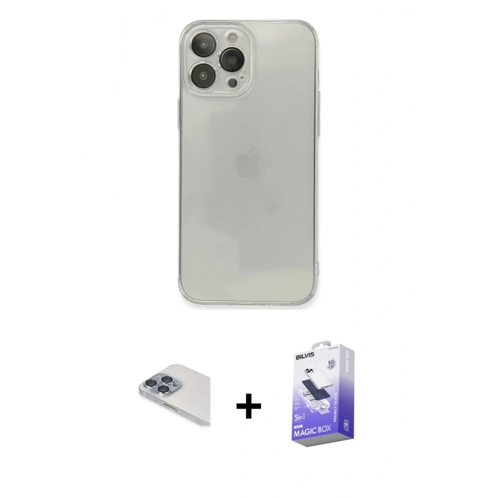 MARSİLYAN™- iPhone 13 Pro Max Kılıf Ahenk Doku - Siyah Bilvis 5in1 5D Magic Hayalet Cam Ekran Koruyucu + Pers Alüminyum Kamera Lens - SABE