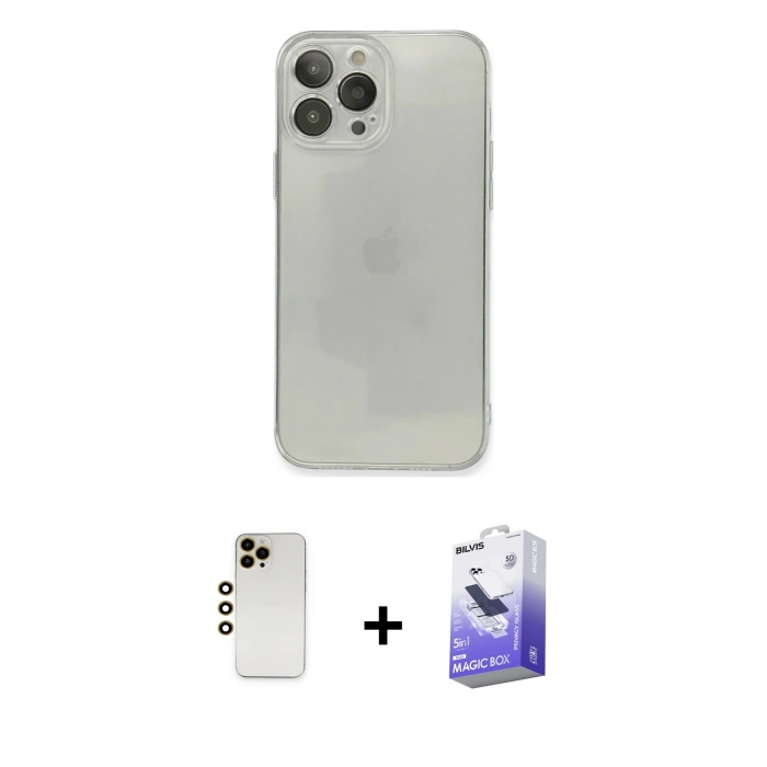 MARSİLYAN™- iPhone 13 Pro Max Kılıf Ahenk Doku - Siyah Bilvis 5in1 5D Magic Hayalet Cam Ekran Koruyucu + Shine Kamera Lens - GD