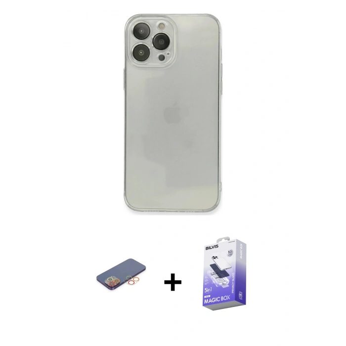MARSİLYAN™- iPhone 13 Pro Max Kılıf Ahenk Doku - Siyah Bilvis 5in1 5D Magic Hayalet Cam Ekran Koruyucu + Renkli Kamera Lens Koruma Cam - TU
