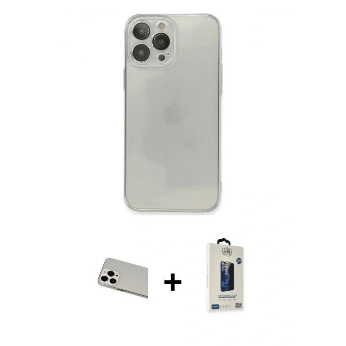 MARSİLYAN™- iPhone 13 Pro Max Kılıf Ahenk Doku - Siyah Bilvis Hayalet Cam Ekran Koruyucu + Rainbow Kamera Lens Koruma Cam - BZ