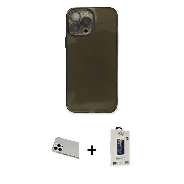 MARSİLYAN™- iPhone 13 Pro Max Kılıf Ahenk Doku - Siyah Bilvis Hayalet Cam Ekran Koruyucu + Rainbow Kamera Lens Koruma Cam - BZ