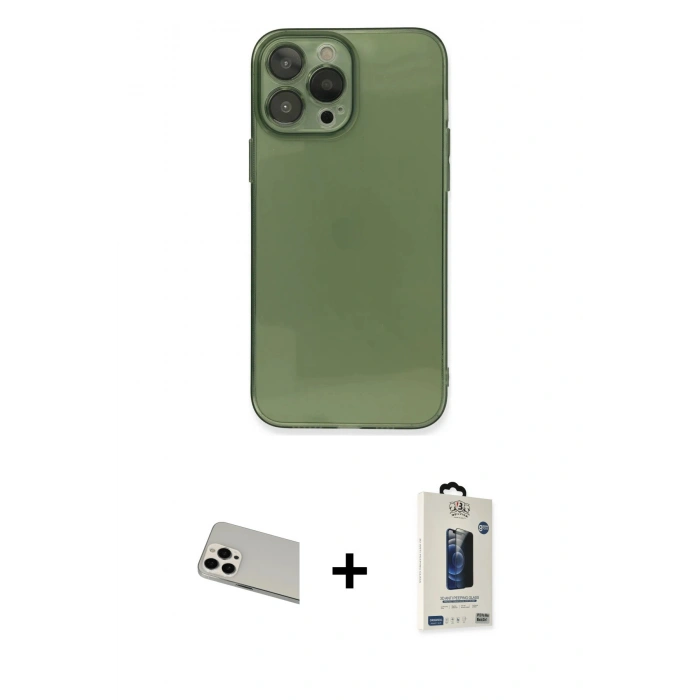 MARSİLYAN™- iPhone 13 Pro Max Kılıf Ahenk Doku - Siyah Bilvis Hayalet Cam Ekran Koruyucu + Rainbow Kamera Lens Koruma Cam - BZ
