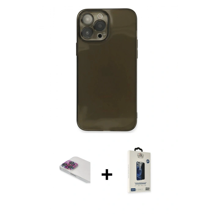 MARSİLYAN™- iPhone 13 Pro Max Kılıf Ahenk Doku - Siyah Bilvis Hayalet Cam Ekran Koruyucu + Pers Alüminyum Kamera Lens - GI