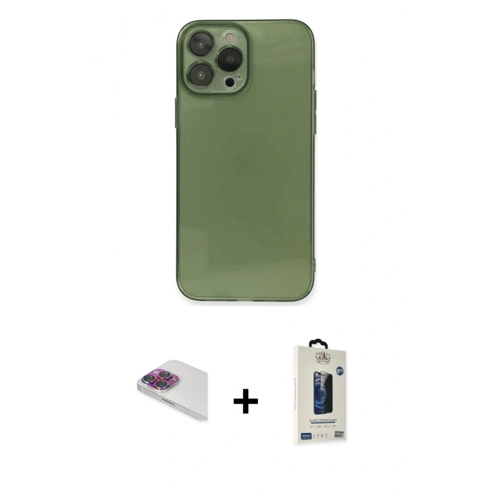 MARSİLYAN™- iPhone 13 Pro Max Kılıf Ahenk Doku - Siyah Bilvis Hayalet Cam Ekran Koruyucu + Pers Alüminyum Kamera Lens - GI