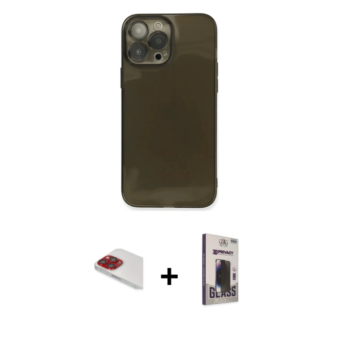 MARSİLYAN™- iPhone 13 Pro Max Kılıf Ahenk Doku - Siyah Bilvis Hayalet Cam Ekran Koruyucu + Pers Alüminyum Kamera Lens - KI