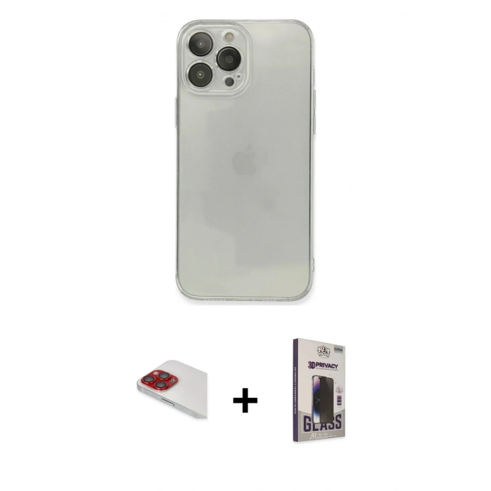 MARSİLYAN™- iPhone 13 Pro Max Kılıf Ahenk Doku - Siyah Bilvis Hayalet Cam Ekran Koruyucu + Pers Alüminyum Kamera Lens - KI