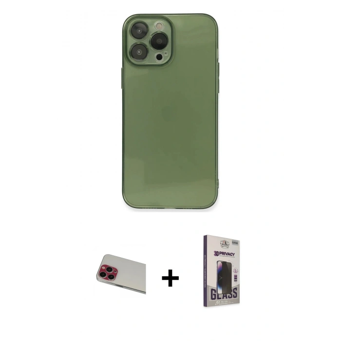 MARSİLYAN™- iPhone 13 Pro Max Kılıf Ahenk Doku - Siyah Bilvis Hayalet Cam Ekran Koruyucu + Rainbow Kamera Lens Koruma Cam - KI