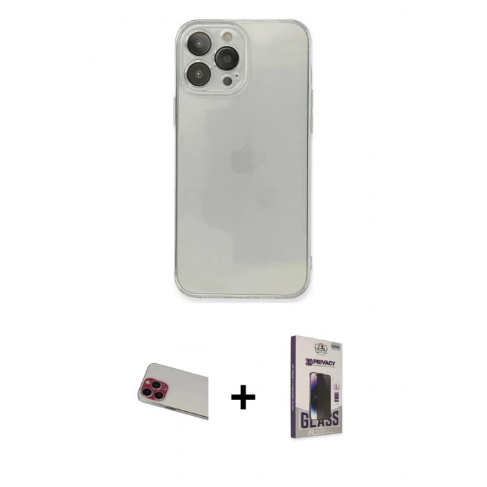 MARSİLYAN™- iPhone 13 Pro Max Kılıf Ahenk Doku - Siyah Bilvis Hayalet Cam Ekran Koruyucu + Rainbow Kamera Lens Koruma Cam - KI