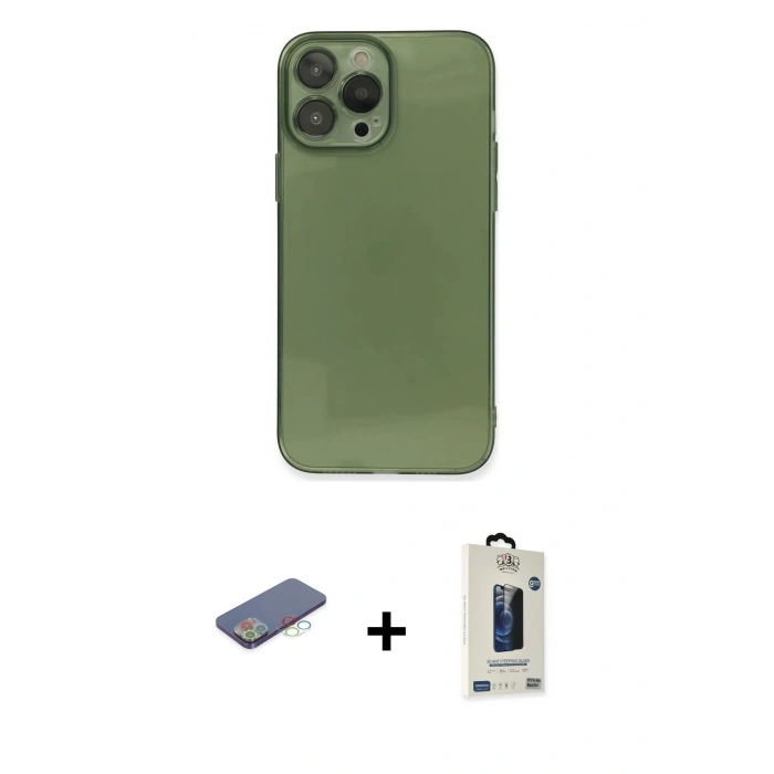 MARSİLYAN™- iPhone 13 Pro Max Kılıf Ahenk Doku - Siyah Bilvis Hayalet Cam Ekran Koruyucu + Renkli Kamera Lens Koruma Cam - MI