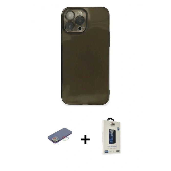MARSİLYAN™- iPhone 13 Pro Max Kılıf Ahenk Doku - Siyah Bilvis Hayalet Cam Ekran Koruyucu + Renkli Kamera Lens Koruma Cam - MI