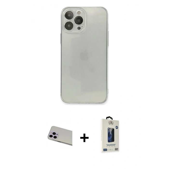 MARSİLYAN™- iPhone 13 Pro Max Kılıf Ahenk Doku - Siyah Bilvis Hayalet Cam Ekran Koruyucu + Rainbow Kamera Lens Koruma Cam - MR