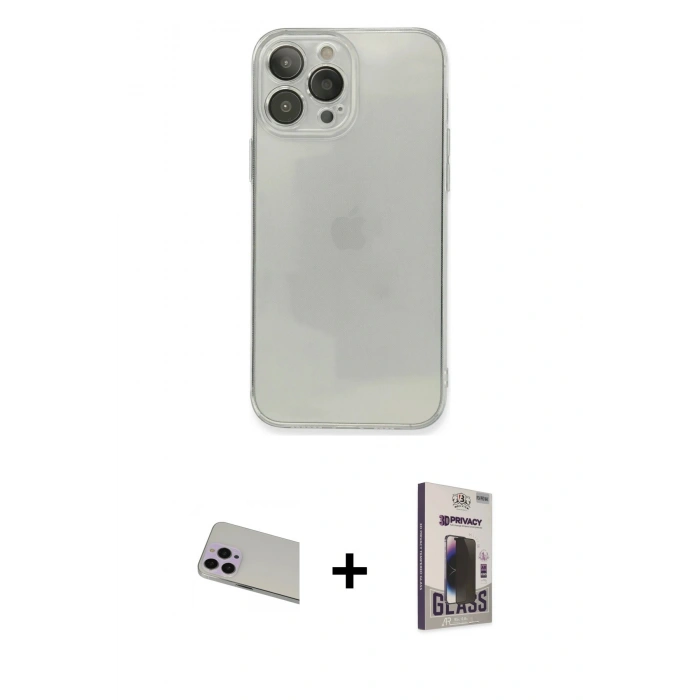 MARSİLYAN™- iPhone 13 Pro Max Kılıf Ahenk Doku - Siyah Bilvis Hayalet Cam Ekran Koruyucu + Rainbow Kamera Lens Koruma Cam - MR