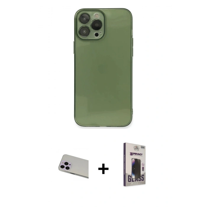 MARSİLYAN™- iPhone 13 Pro Max Kılıf Ahenk Doku - Siyah Bilvis Hayalet Cam Ekran Koruyucu + Rainbow Kamera Lens Koruma Cam - MR