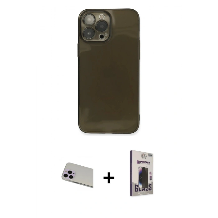 MARSİLYAN™- iPhone 13 Pro Max Kılıf Ahenk Doku - Siyah Bilvis Hayalet Cam Ekran Koruyucu + Rainbow Kamera Lens Koruma Cam - MR