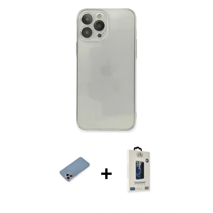 MARSİLYAN™- iPhone 13 Pro Max Kılıf Ahenk Doku - Siyah Bilvis Hayalet Cam Ekran Koruyucu + Shine Kamera Lens Koruma Cam - PE