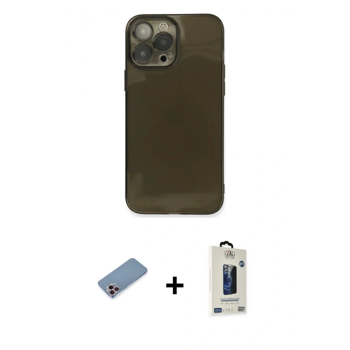 MARSİLYAN™- iPhone 13 Pro Max Kılıf Ahenk Doku - Siyah Bilvis Hayalet Cam Ekran Koruyucu + Shine Kamera Lens Koruma Cam - PE