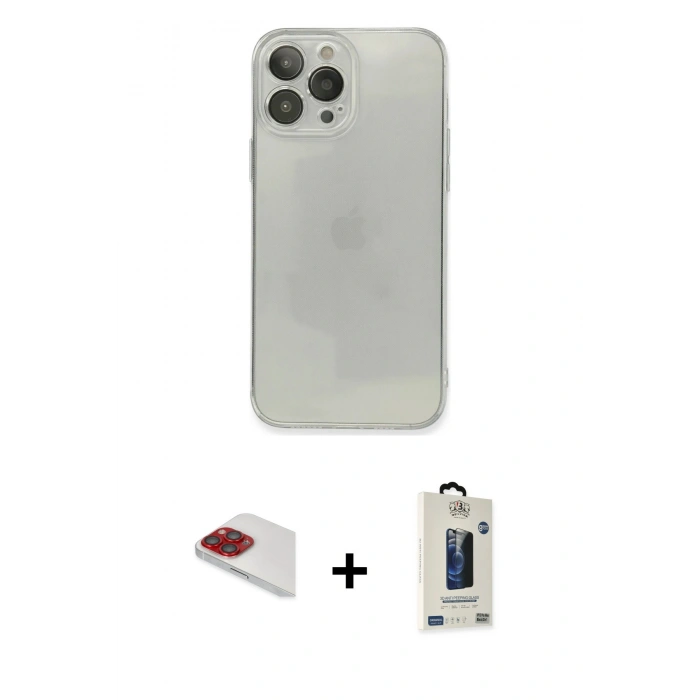 MARSİLYAN™- iPhone 13 Pro Max Kılıf Ahenk Doku - Siyah Bilvis Hayalet Cam Ekran Koruyucu + Pers Alüminyum Kamera Lens - KI