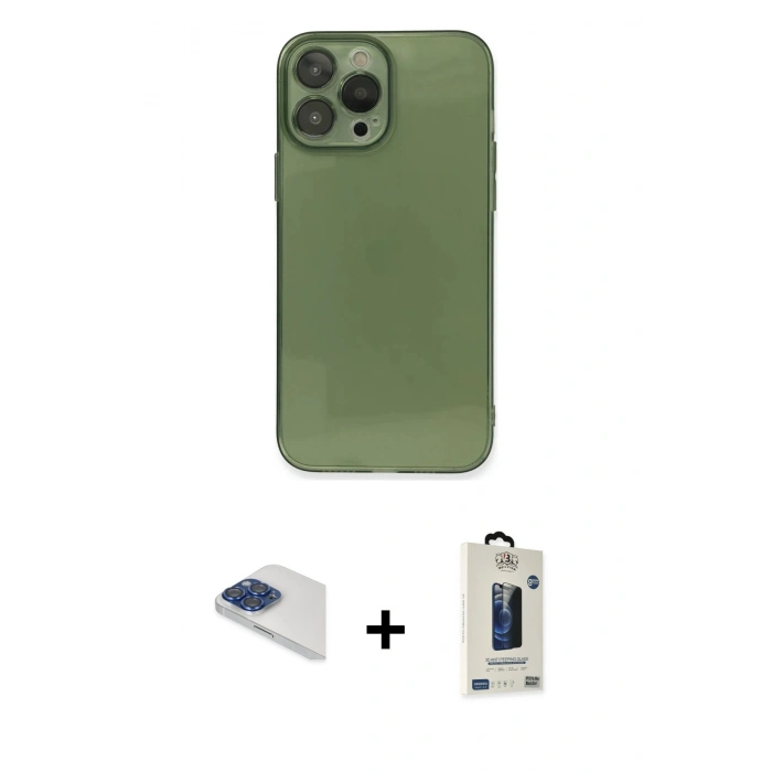 MARSİLYAN™- iPhone 13 Pro Max Kılıf Ahenk Doku - Siyah Bilvis Hayalet Cam Ekran Koruyucu + Pers Alüminyum Kamera Lens - LT