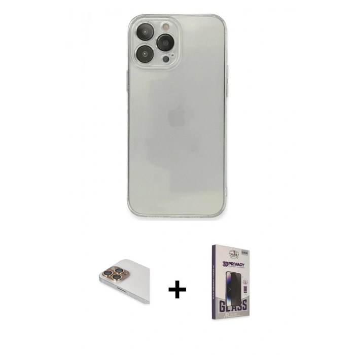 MARSİLYAN™- iPhone 13 Pro Max Kılıf Ahenk Doku - Siyah Bilvis Hayalet Cam Ekran Koruyucu + Pers Alüminyum Kamera Lens - GD