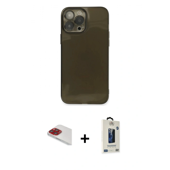 MARSİLYAN™- iPhone 13 Pro Max Kılıf Ahenk Doku - Siyah Bilvis Hayalet Cam Ekran Koruyucu + Pers Alüminyum Kamera Lens - KI