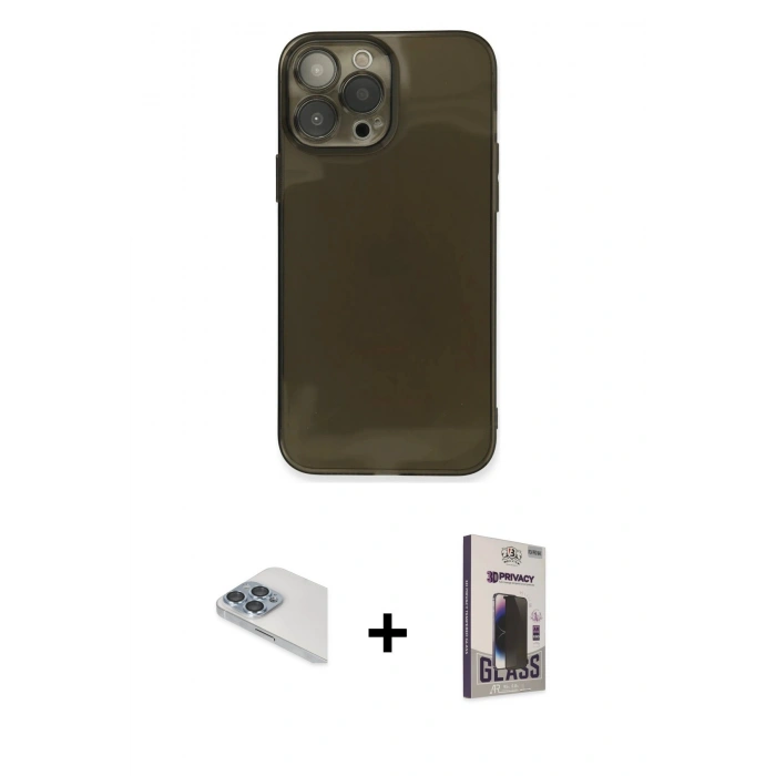 MARSİLYAN™- iPhone 13 Pro Max Kılıf Ahenk Doku - Siyah Bilvis Hayalet Cam Ekran Koruyucu + Pers Alüminyum Kamera Lens - SABE