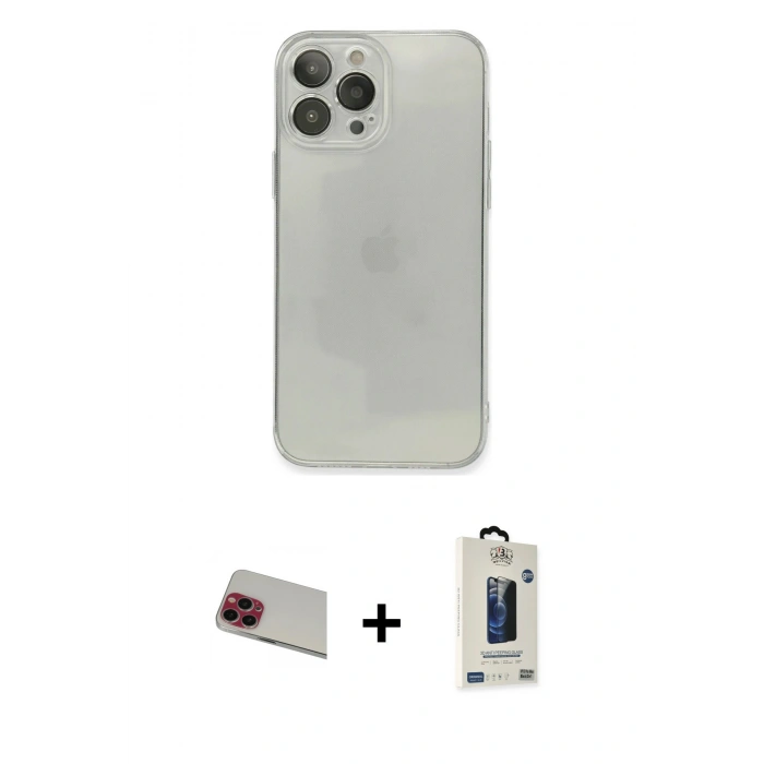 MARSİLYAN™- iPhone 13 Pro Max Kılıf Ahenk Doku - Siyah Bilvis Hayalet Cam Ekran Koruyucu + Rainbow Kamera Lens Koruma Cam - KI