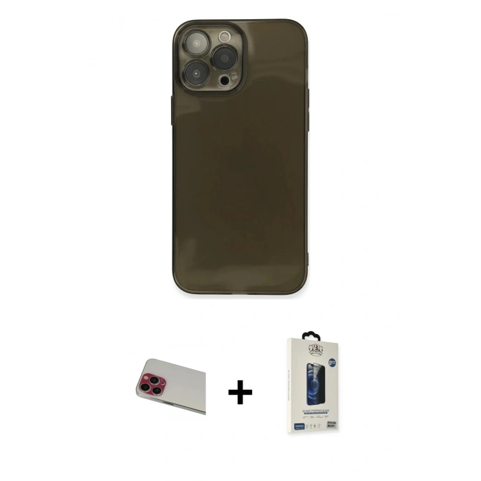 MARSİLYAN™- iPhone 13 Pro Max Kılıf Ahenk Doku - Siyah Bilvis Hayalet Cam Ekran Koruyucu + Rainbow Kamera Lens Koruma Cam - KI