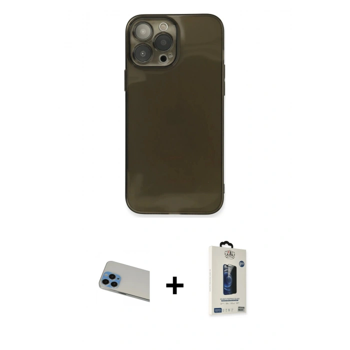 MARSİLYAN™- iPhone 13 Pro Max Kılıf Ahenk Doku - Siyah Bilvis Hayalet Cam Ekran Koruyucu + Rainbow Kamera Lens Koruma Cam - MI