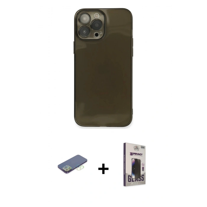 MARSİLYAN™- iPhone 13 Pro Max Kılıf Ahenk Doku - Siyah Bilvis Hayalet Cam Ekran Koruyucu + Renkli Kamera Lens Koruma Cam - YL