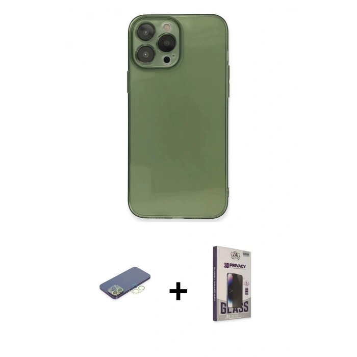 MARSİLYAN™- iPhone 13 Pro Max Kılıf Ahenk Doku - Siyah Bilvis Hayalet Cam Ekran Koruyucu + Renkli Kamera Lens Koruma Cam - YL