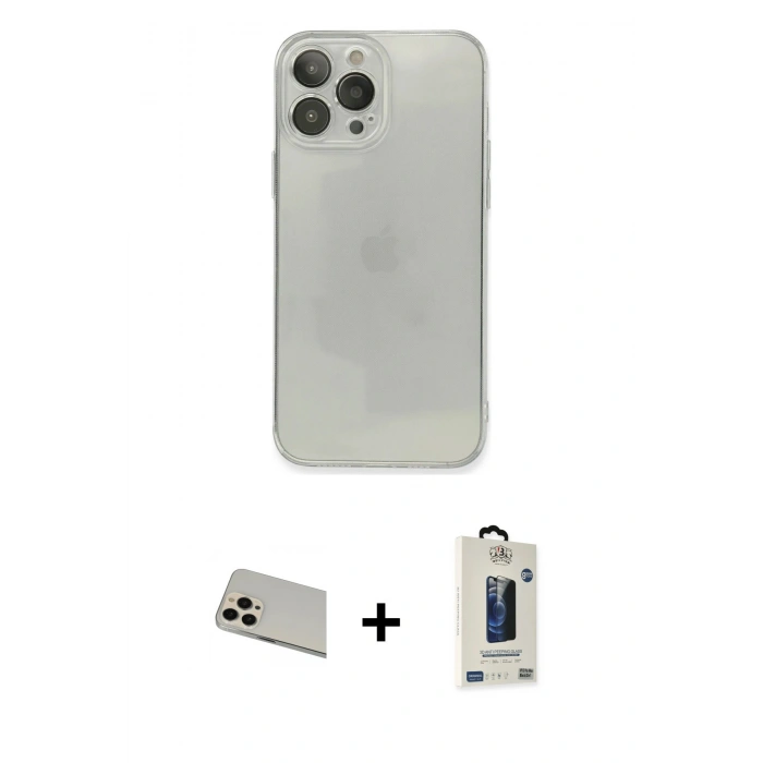 MARSİLYAN™- iPhone 13 Pro Max Kılıf Ahenk Doku - Siyah Bilvis Hayalet Cam Ekran Koruyucu + Rainbow Kamera Lens Koruma Cam - REGD