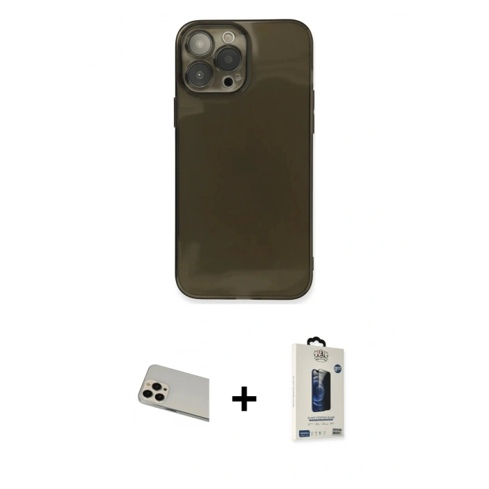 MARSİLYAN™- iPhone 13 Pro Max Kılıf Ahenk Doku - Siyah Bilvis Hayalet Cam Ekran Koruyucu + Rainbow Kamera Lens Koruma Cam - REGD