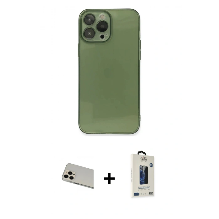 MARSİLYAN™- iPhone 13 Pro Max Kılıf Ahenk Doku - Siyah Bilvis Hayalet Cam Ekran Koruyucu + Rainbow Kamera Lens Koruma Cam - REGD