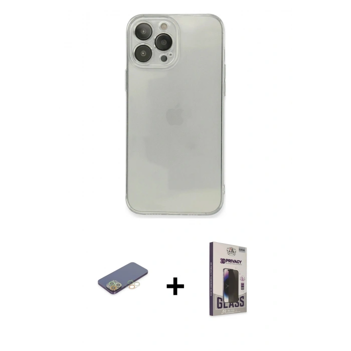 MARSİLYAN™- iPhone 13 Pro Max Kılıf Ahenk Doku - Siyah Bilvis Hayalet Cam Ekran Koruyucu + Renkli Kamera Lens Koruma Cam - SI