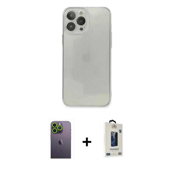 MARSİLYAN™- iPhone 13 Pro Max Kılıf Ahenk Doku - Siyah Bilvis Hayalet Cam Ekran Koruyucu + Neon Fosforlu Kamera Lens - YL