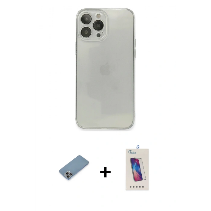 MARSİLYAN™- iPhone 13 Pro Max Kılıf Ahenk Doku - Siyah Joko 5D Cam + Shine Kamera Lens Koruma Cam - GI