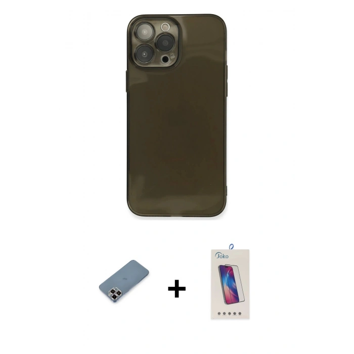 MARSİLYAN™- iPhone 13 Pro Max Kılıf Ahenk Doku - Siyah Joko 5D Cam + Metal Kamera Lens Koruma Cam - MR