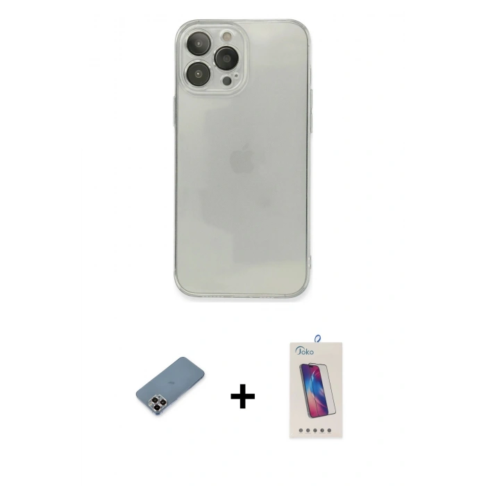 MARSİLYAN™- iPhone 13 Pro Max Kılıf Ahenk Doku - Siyah Joko 5D Cam + Metal Kamera Lens Koruma Cam - MR