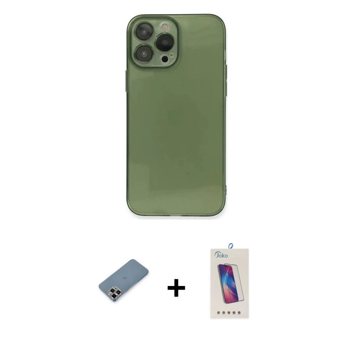 MARSİLYAN™- iPhone 13 Pro Max Kılıf Ahenk Doku - Siyah Joko 5D Cam + Metal Kamera Lens Koruma Cam - MR
