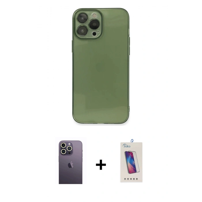 MARSİLYAN™- iPhone 13 Pro Max Kılıf Ahenk Doku - Siyah Joko 5D Cam + Neon Fosforlu Kamera Lens - BZ