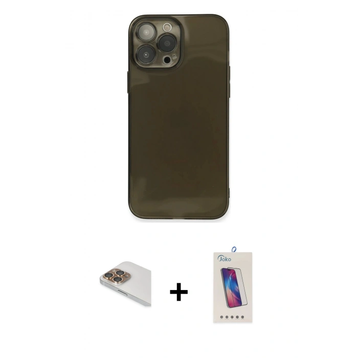 MARSİLYAN™- iPhone 13 Pro Max Kılıf Ahenk Doku - Siyah Joko 5D Cam + Pers Alüminyum Kamera Lens - GD